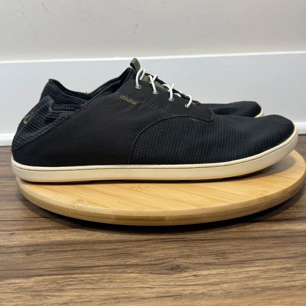 OluKai Nohea Moku Boat Shoes Mens 13 Black Mesh Slip On Island Casual Travel
